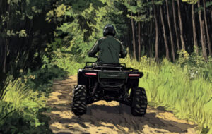 Off-road adventure illustration: Solitary rider on a quad bike through forest trail