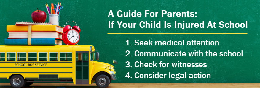 A Guide For Parents:
If Your Child Is Injured At School
1. Seek medical attention
2. Communicate with the school
3. Check for witnesses
4. Consider legal action